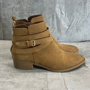 SUN+STONE Women's Tan Saandis Memory Foam Almond-Toe Block-Heel Ankle Boots